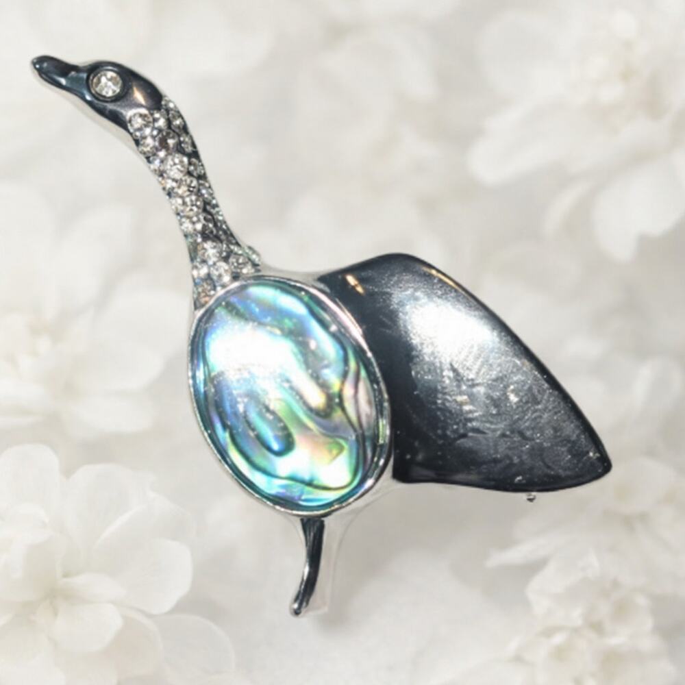 Silver Tone Bird Brooch Abalone Shell and Rhinestone Accents see description